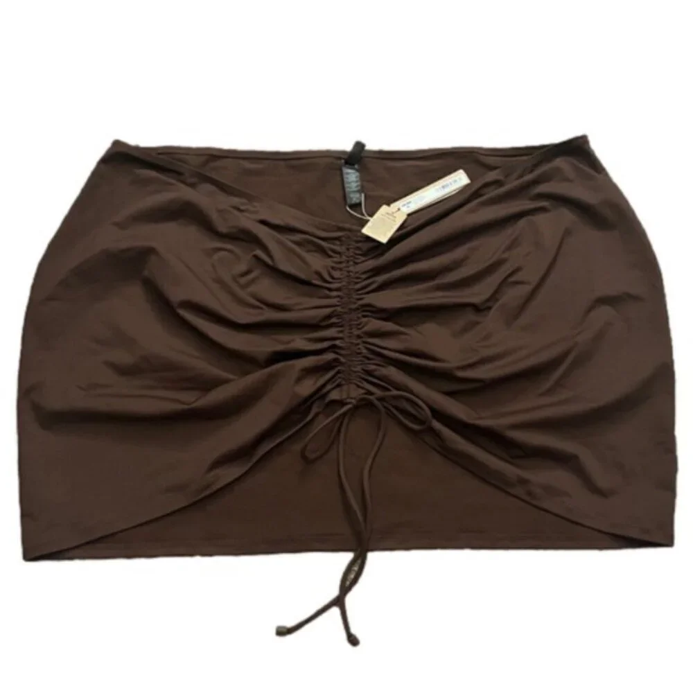 NWT SKIMS Ruched Mini Skirt In Cocoa Brown Drawstring Front Plus Size 4X MSRP 54